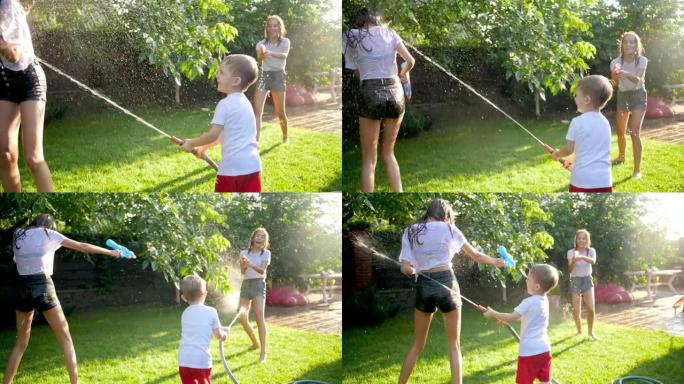4k快乐的青少年和儿童玩水枪和花园软管并在后院进行水战的视频