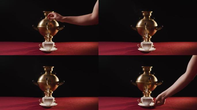 女人把一个带碟子的陶瓷杯放在茶壶的壶口下