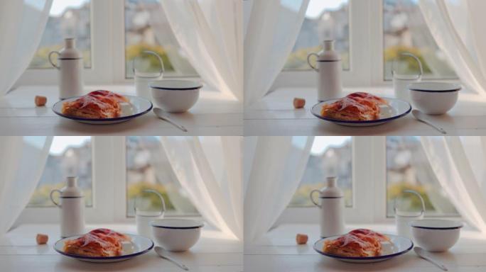 早餐配新鲜出炉的膨化奶酪派或面包和酸奶牛奶，4k视频