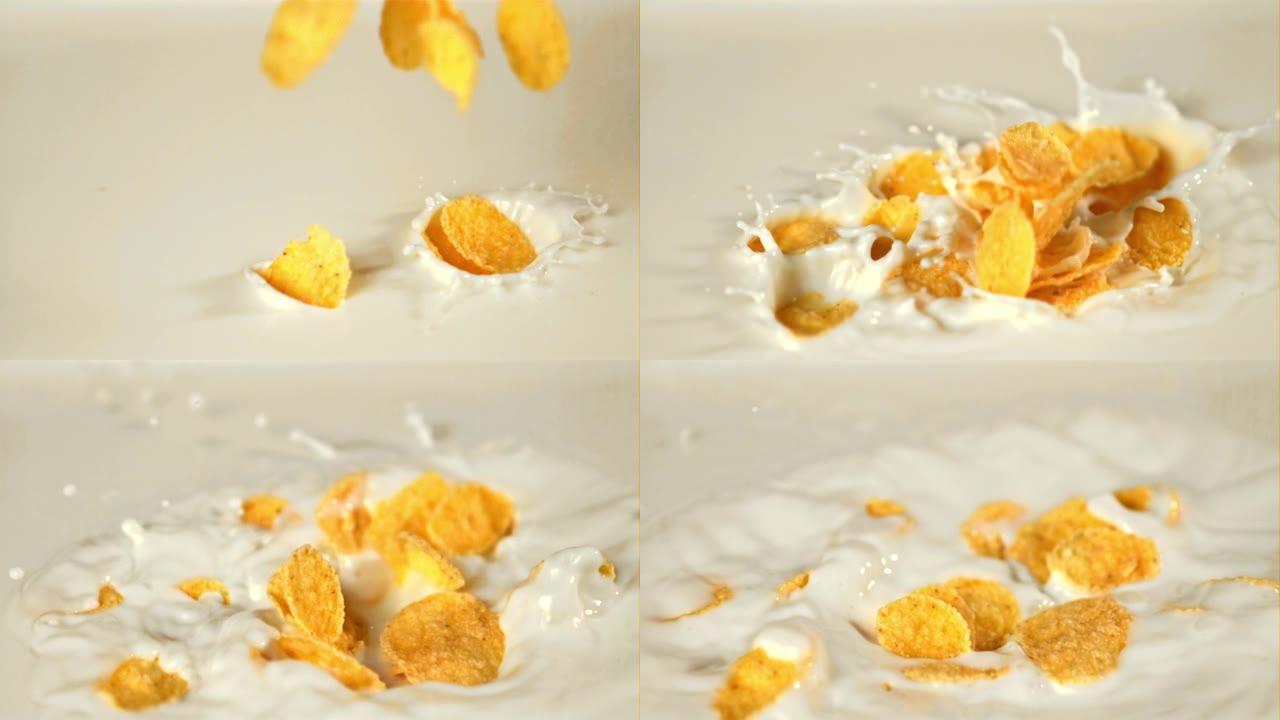 超慢动作在牛奶秋天玉米片与喷雾。以1000 fps的高速相机拍摄。
