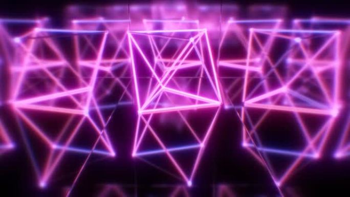 闪烁的霓虹灯闪烁的抽象科幻3D形状反射-4k无缝VJ循环运动背景动画