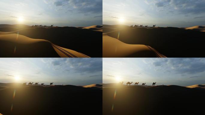 阿拉伯人带着沙丘和灿烂的阳光走向沙漠中的骆驼