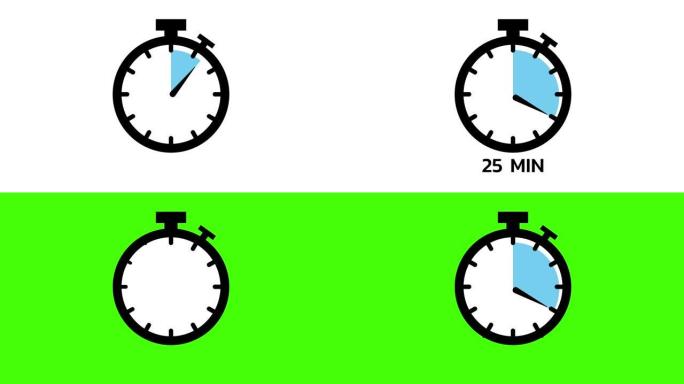 25分钟，秒表图标。平面样式的秒表图标，彩色背景上的计时器。运动图形。