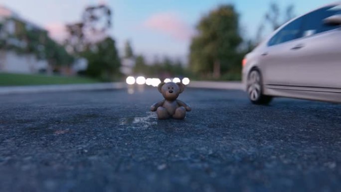 失落的玩具熊躺在潮湿的高速公路上，汽车高速驶过。失去了最喜欢的玩具概念。失踪的湿泰迪熊的景色。旅游、