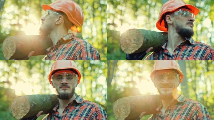 戴着安全帽的伐木工人站在树林里。原始视频记录