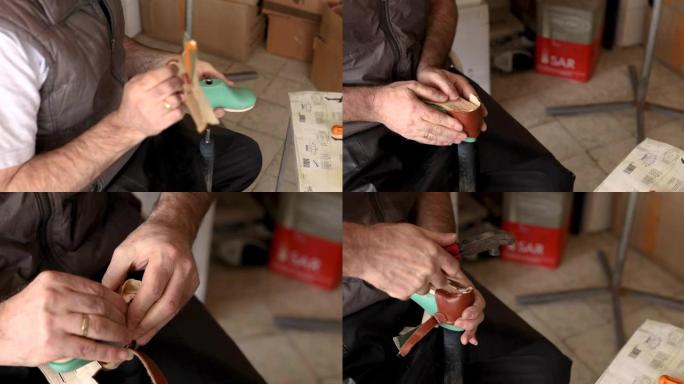 熟练的儿童制鞋机使用钳子和锤子将儿童凉鞋收紧为塑料模型，以便他们可以拉伸