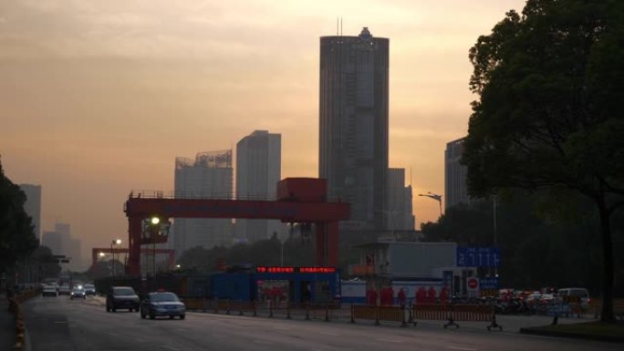 日落时间杭州城市交通街道道路慢动作全景4k中国