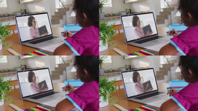 非裔美国女孩在家里用笔记本电脑与女老师进行视频通话时正在做作业