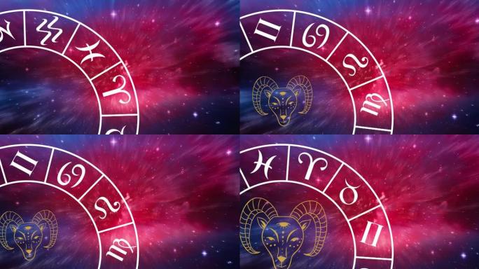 在发光的星星上旋转的十二生肖轮中的摩羯座星座符号的组成