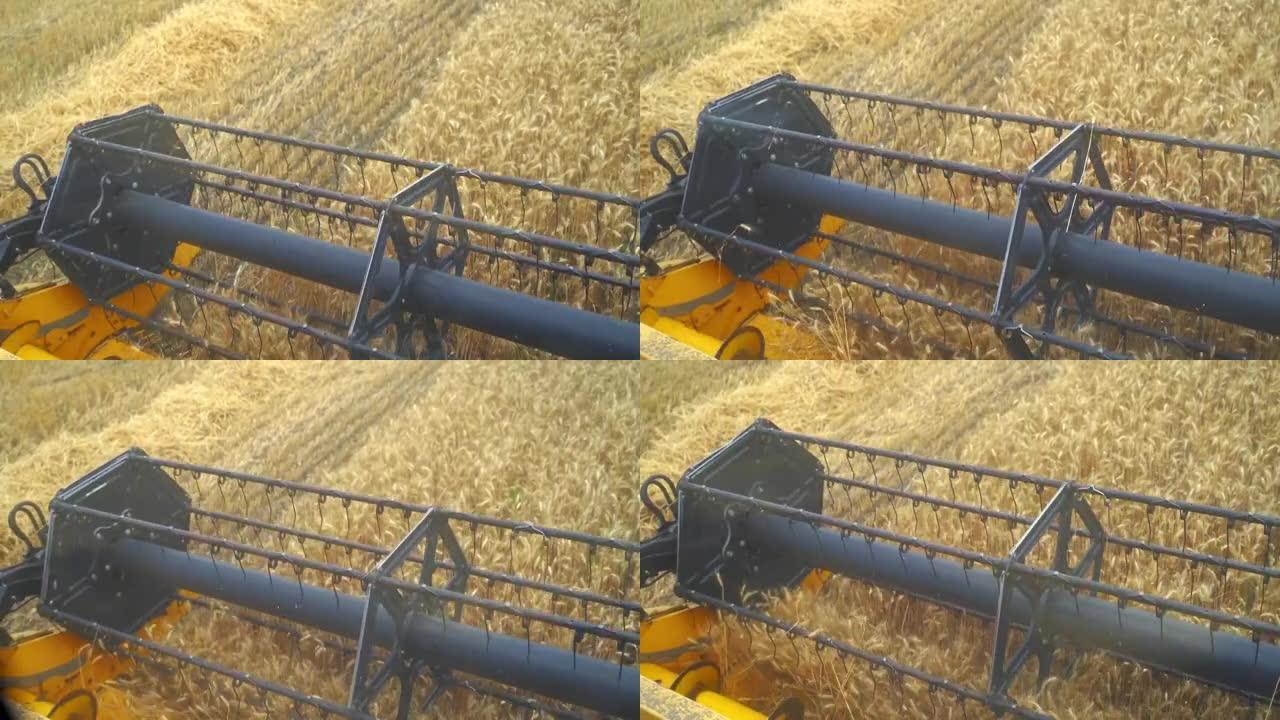 联合割草机机构收割小麦。收割机穿过麦田，切割黄色茎