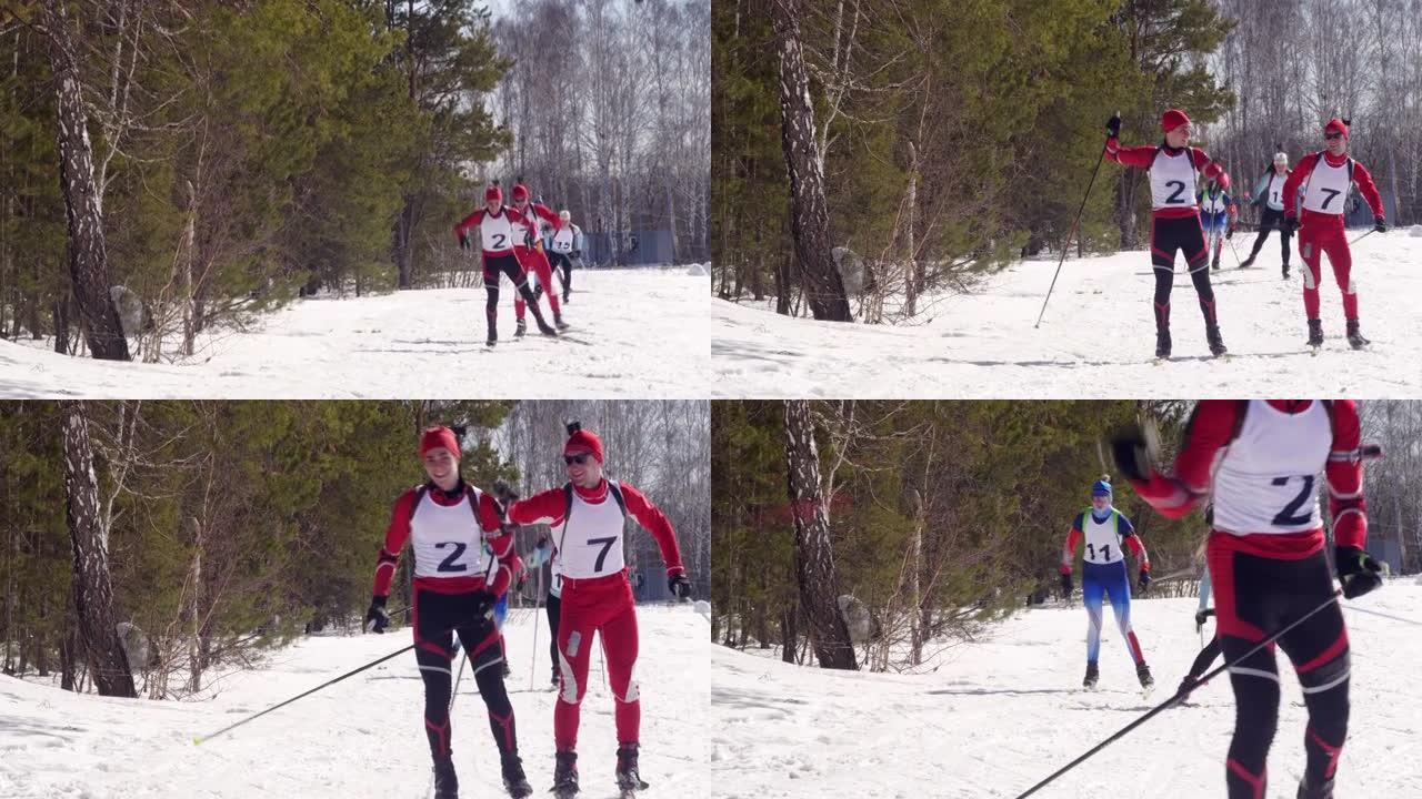 滑雪者在越野赛道上完成冬季两项比赛