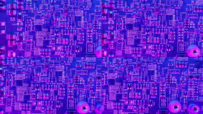 带有科幻网络朋克蓝色和粉红色效果的电子板特写