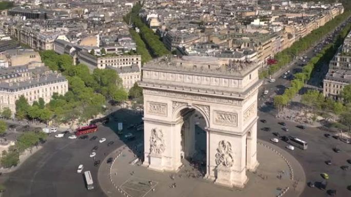 夏日巴黎市飞越著名的凯旋拱门广场交通圈空中全景4k法国