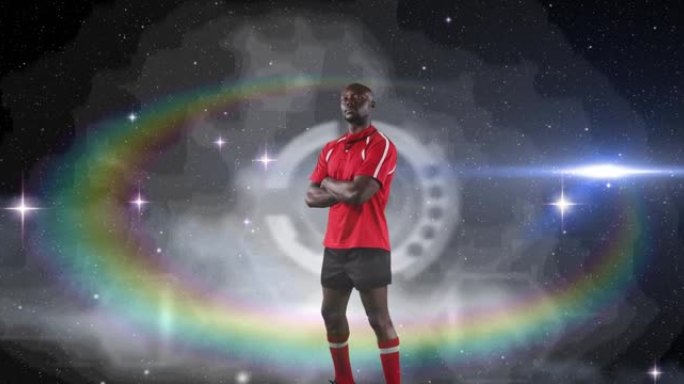 橄榄球运动员站立的动画，双臂交叉在发光的光线上，背景为棱镜