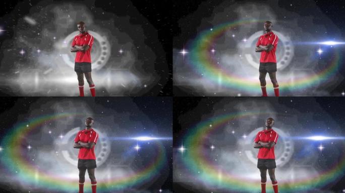 橄榄球运动员站立的动画，双臂交叉在发光的光线上，背景为棱镜