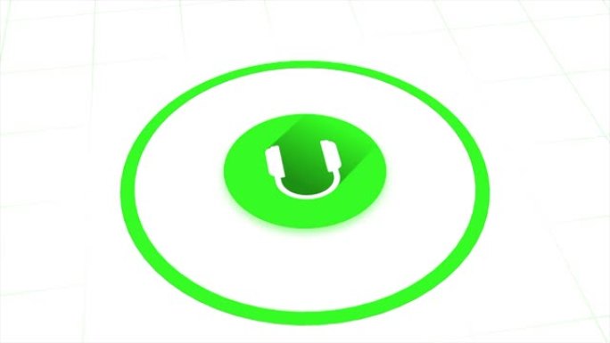 抽象白色耳机图标发出绿色波隔离在白色背景上，无缝循环。动画。广播和音乐的概念