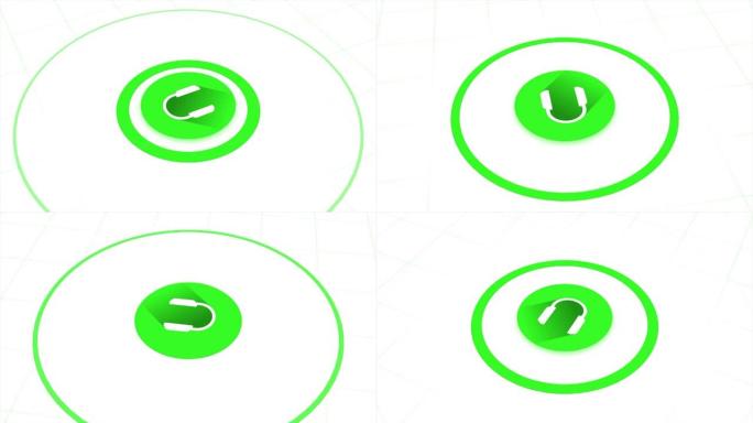 抽象白色耳机图标发出绿色波隔离在白色背景上，无缝循环。动画。广播和音乐的概念