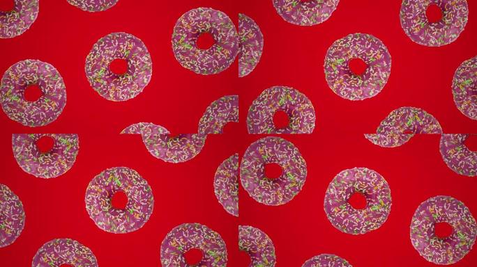 红色背景上带有粉红色糖果甜甜圈的几何图案。最小运动图形食物概念无缝循环动画