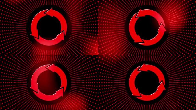 4K中的抽象运动背景-旋转更新符号在圆柱形状排列的白色在红色上的点的脉动环中-技术与自动化概念