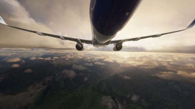 商业飞机飞越群山上空的云层