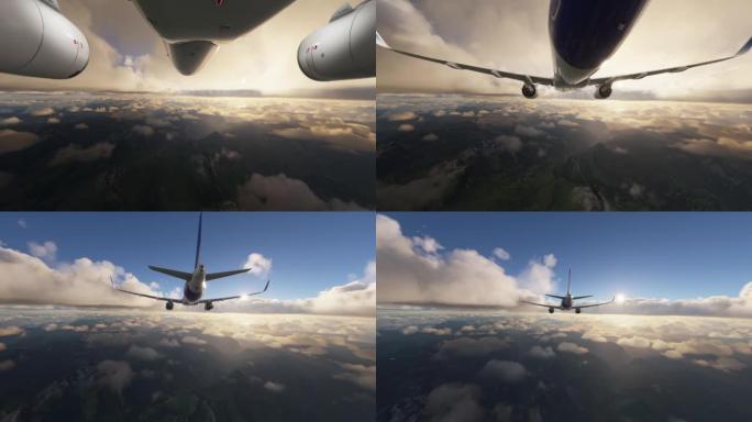 商业飞机飞越群山上空的云层
