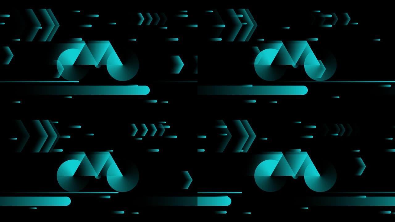 4k视频中黑色背景上的蓝色自行车全息图线框样式。