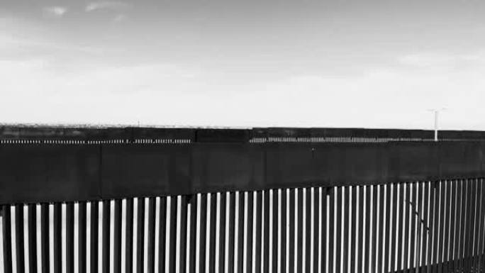 分隔美国和墨西哥、非军事区、路易斯墨西哥、索诺拉沙漠、黑白无人机视频剪辑的国际边界墙