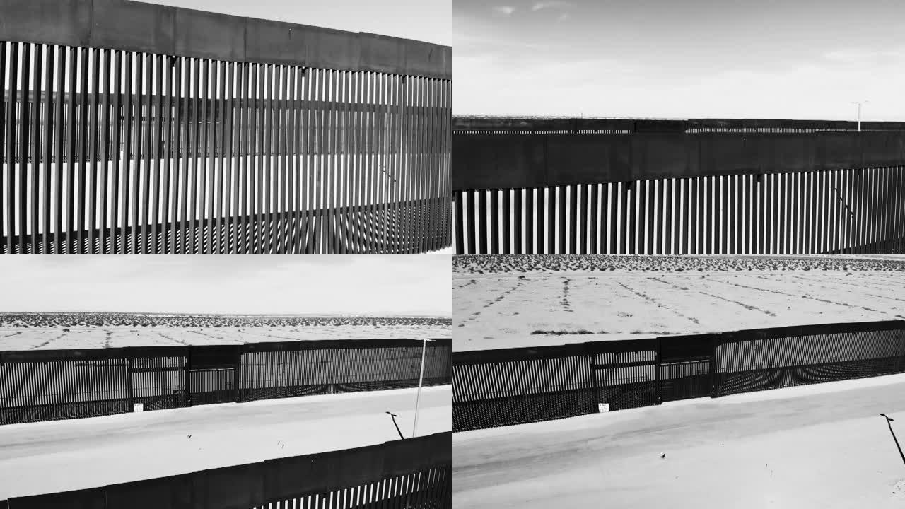 分隔美国和墨西哥、非军事区、路易斯墨西哥、索诺拉沙漠、黑白无人机视频剪辑的国际边界墙
