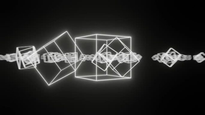 黑暗空间中带有霓虹灯发光边缘的白色立方体。最小创意概念运动图形动画背景