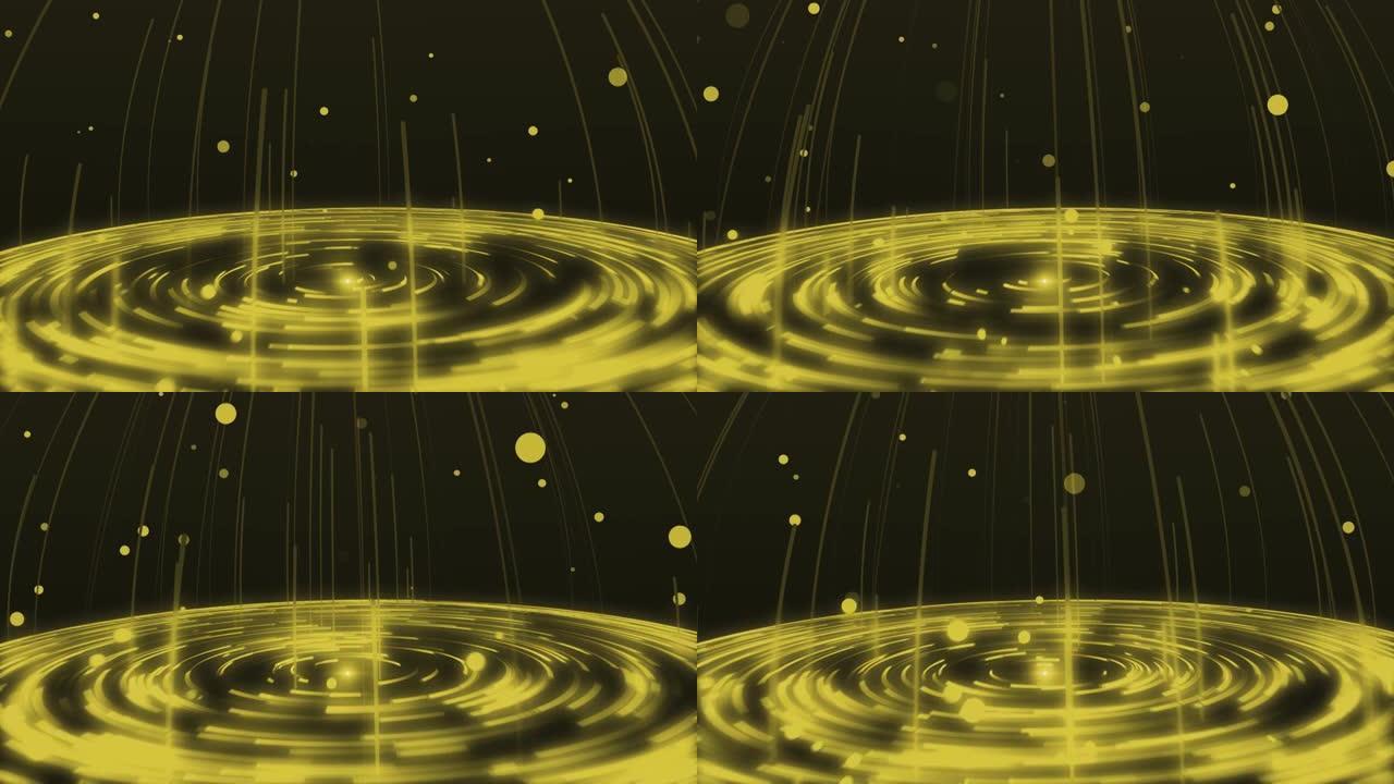 黄色抽象螺旋涡旋微粒科幻未来时尚发光几何形状与霓虹灯线无缝，美丽抽象复古背景，DJ VJ运动背景，循