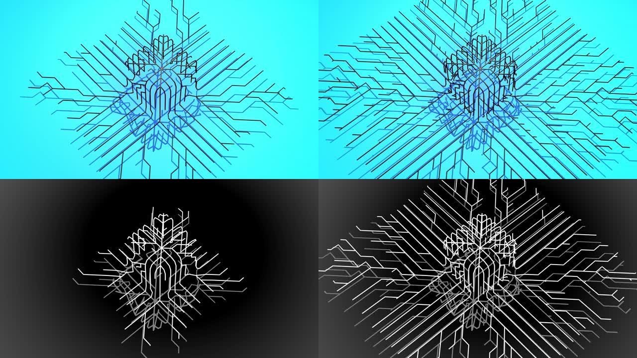 Ai不断增长的线条几何图案形成立方体。通过人工智能或神经网络构建解决方案。4k蓝色bg上的抽象黑色线