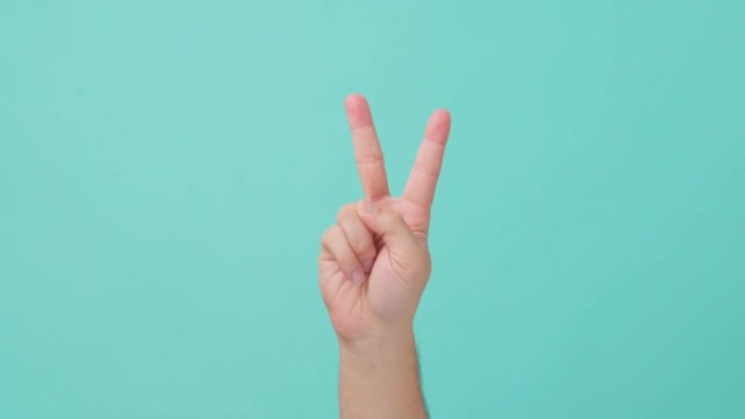 人手举的特写镜头，带有v形符号。表现出手势的人，其中食指和中指抬起并分开形成V。在背景的孤立蓝屏中看