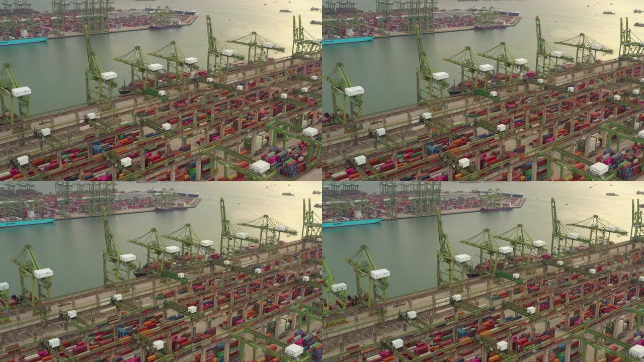 日落时间著名的新加坡城市集装箱港口海湾码头航空全景4k