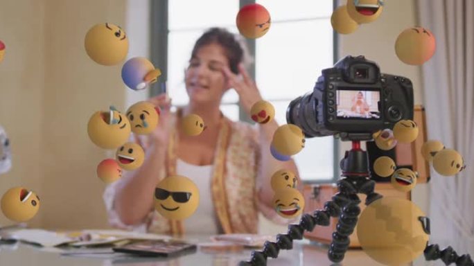 摄像机查看器中女性视频记录器上的表情图标动画在家录制视频日志