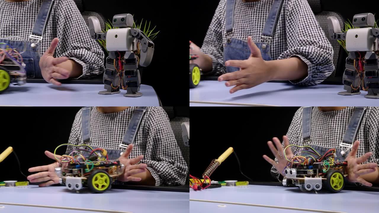 机器人工程师或学生测试机器人的移动。机械辅助技术、可及性、假肢设备、残疾概念的创新技术。白色背景。