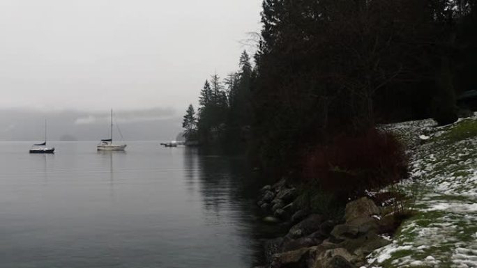 多雨的早晨，多岩石的海岸，云杉树和两艘孤独的锚定游艇