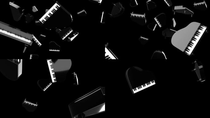 许多灰色背景的黑色钢琴。