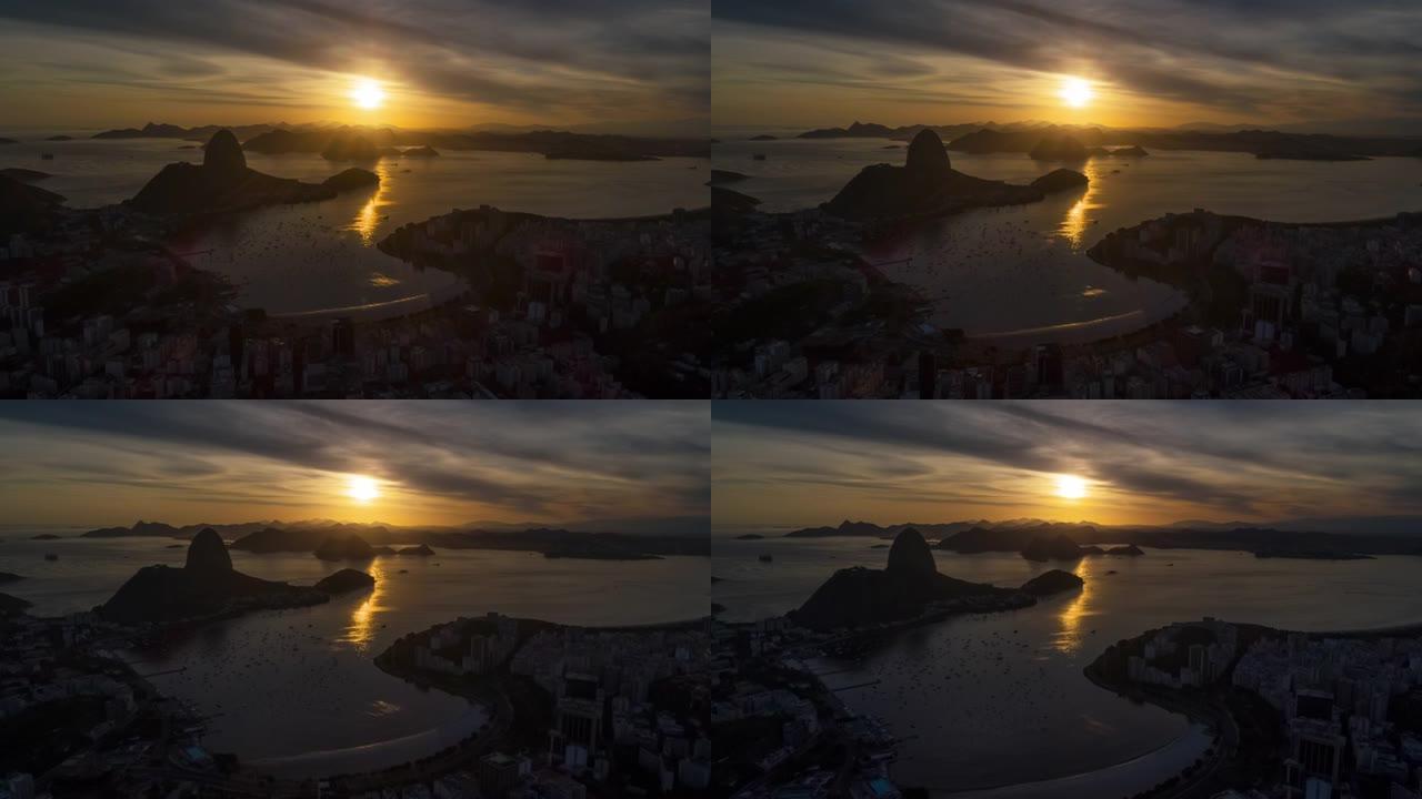 里约热内卢城市湾上空的日落天空飞行空中全景4k延时巴西