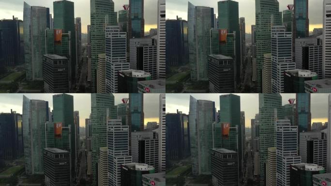 日落时间飞行新加坡市区交通街空中全景4k