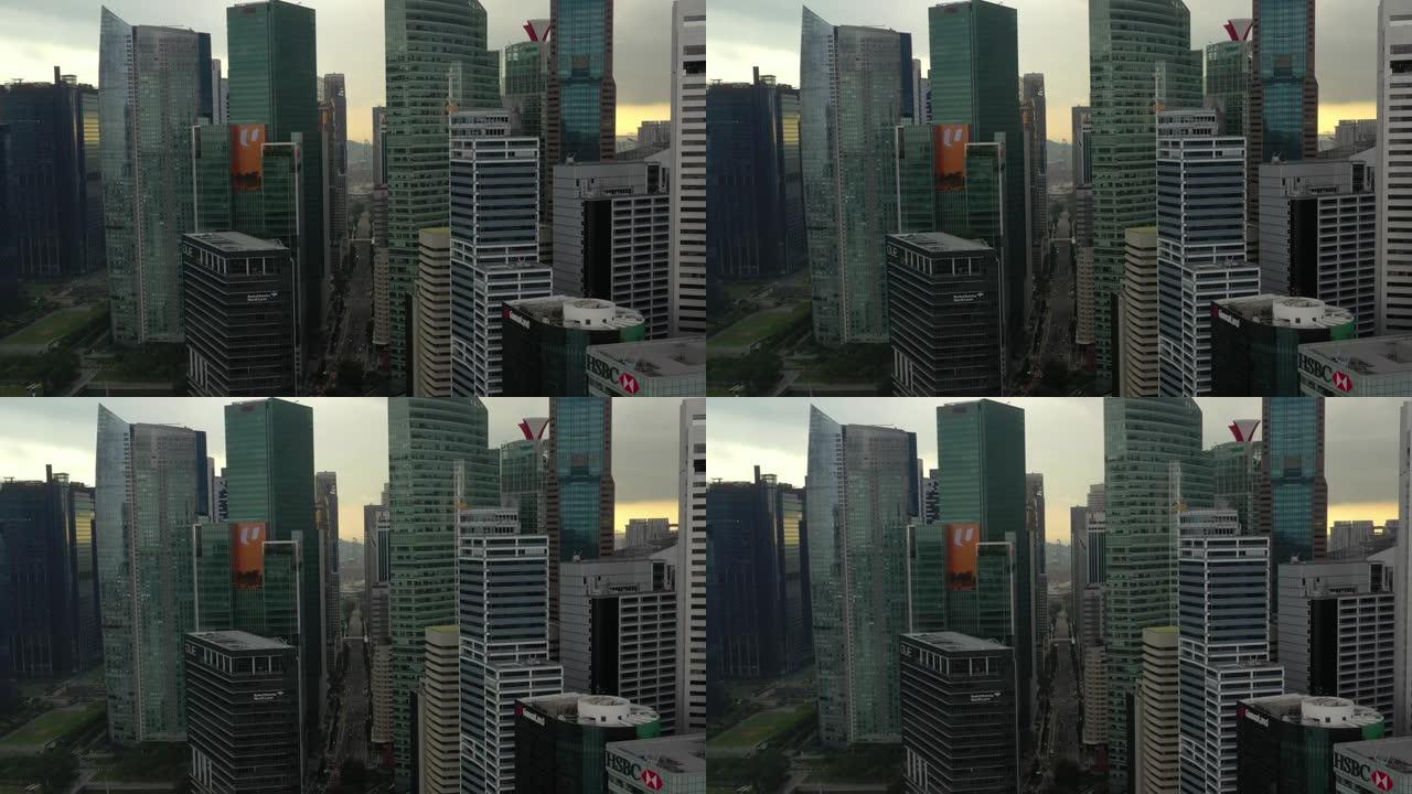 日落时间飞行新加坡市区交通街空中全景4k