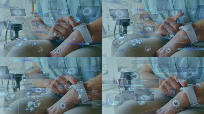 示波器扫描和数据处理在女人检查智能手表的屏幕上的动画