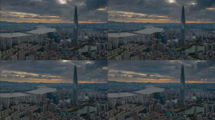 飞越首尔著名塔河畔城市景观日落天空空中全景4k延时韩国