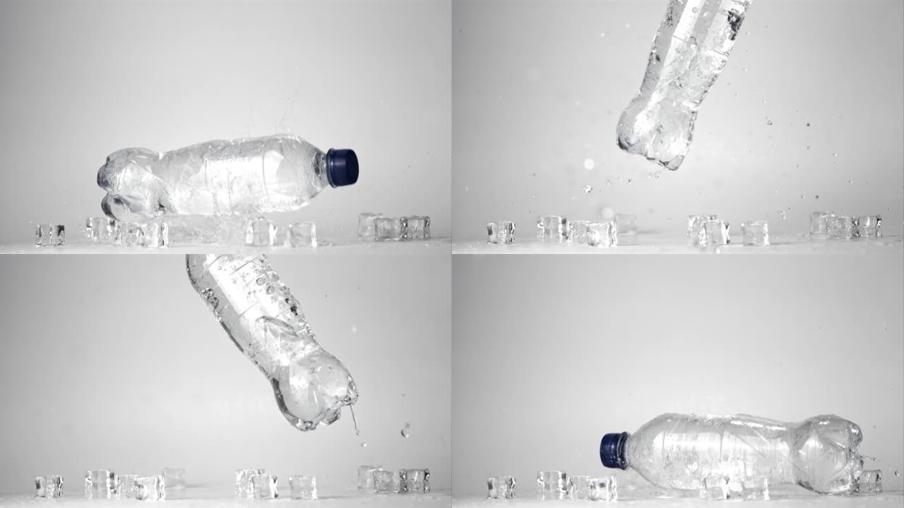 超级慢动作水瓶落在有冰块的桌子上。以1000 fps拍摄。
