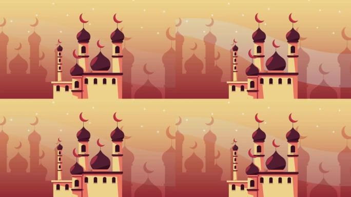 斋月卡里姆动画与寺庙穆斯林
