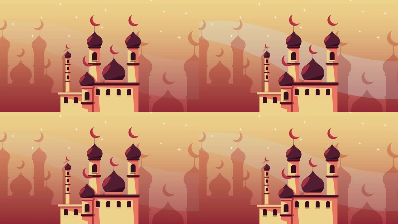 斋月卡里姆动画与寺庙穆斯林