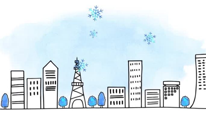 冬季城市景观手绘线条艺术动画