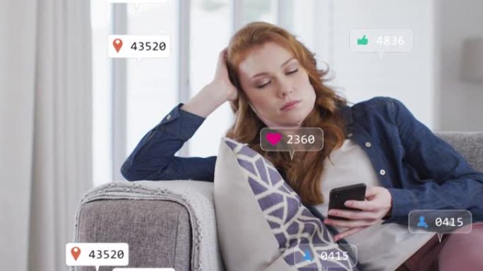 使用智能手机在女性横幅上的社交媒体图标和数字的动画