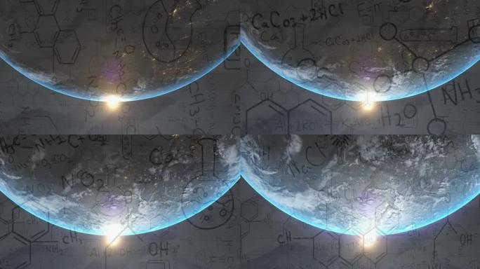 地球和阳光照耀下的化学数据和图纸动画