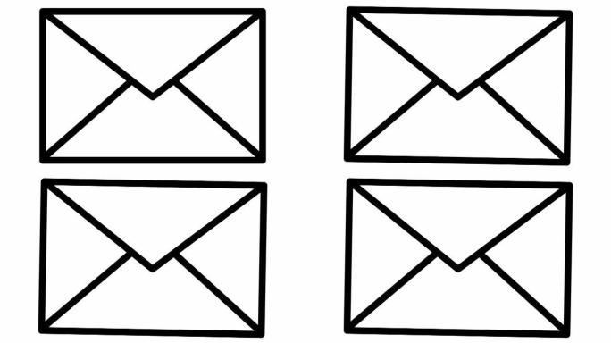 信封的动画黑线图标。电子邮件的符号。通信、邮件、信息、信件的概念。循环视频。矢量插图孤立在白色背景上