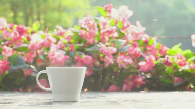 早上在花园里喝杯热咖啡
